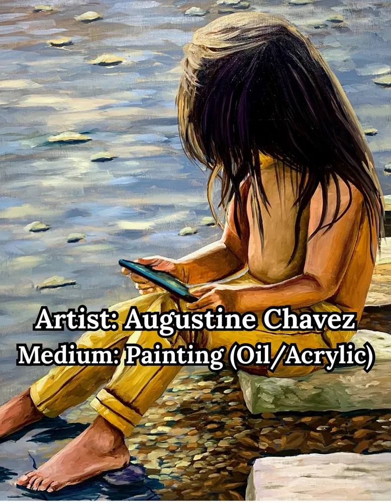Painting of a girl with long dark hair sitting barefoot at the water&rsquo;s edge, by Augustine Chavez