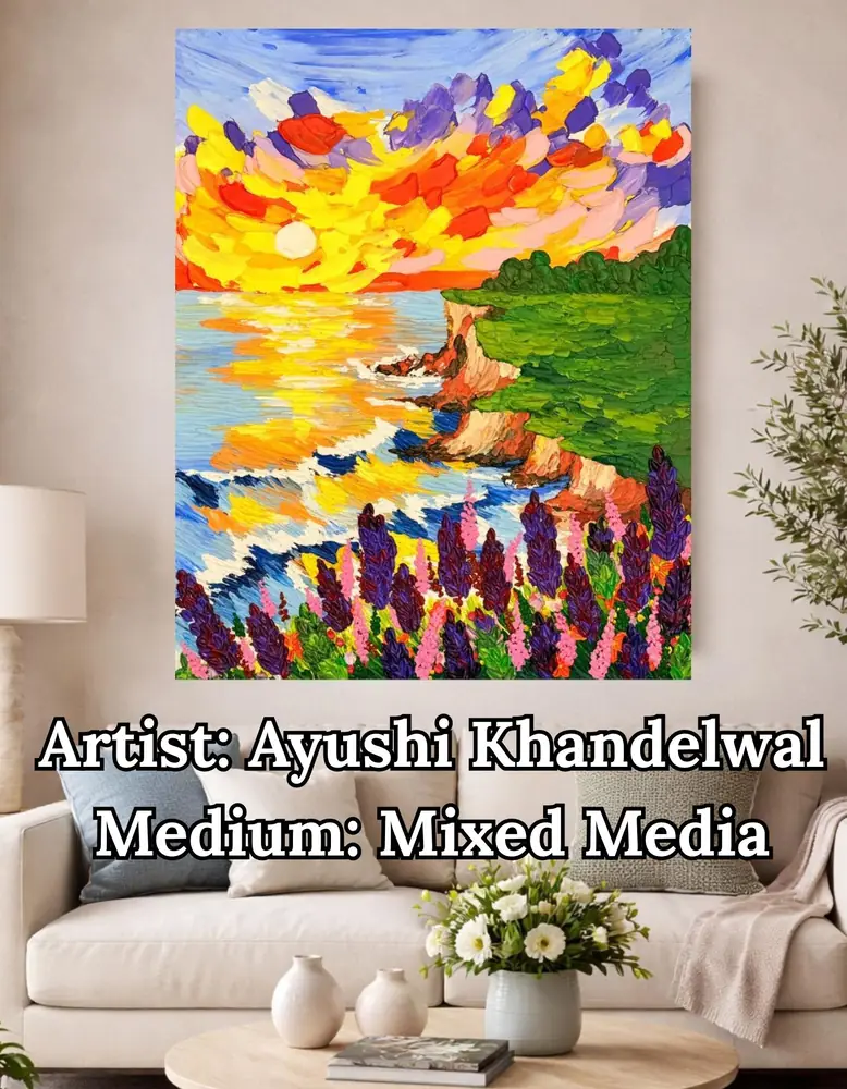 Impasto coastal sunset painting with cliffs and purple lupines, by Ayushi Khandelwal