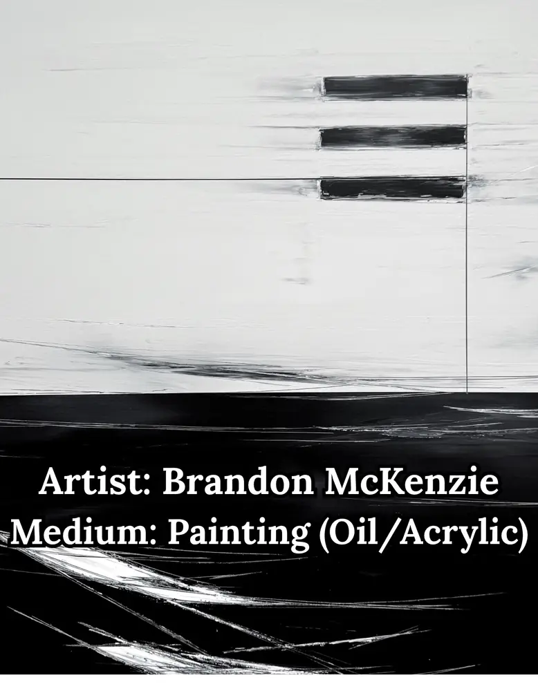 Minimalist black-and-white abstract painting with three dark bars, by Brandon McKenzie