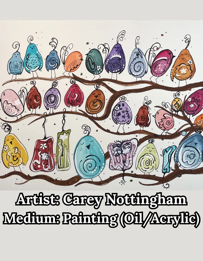 Whimsical painting of colorful round birds on branches, by Carey Nottingham
