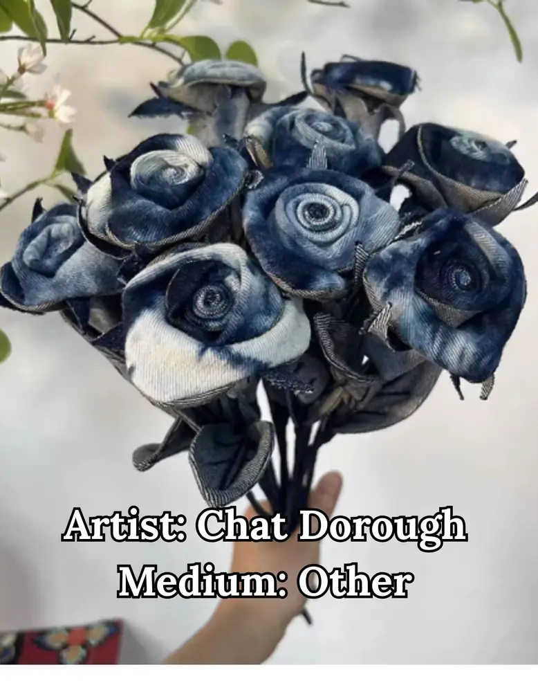 Bouquet of handmade indigo denim fabric roses, by Chat Dorough