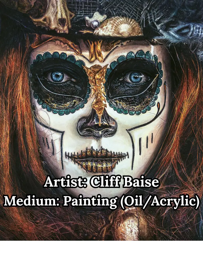 Realistic painting of a red-haired woman in sugar-skull face paint, by Cliff Baise