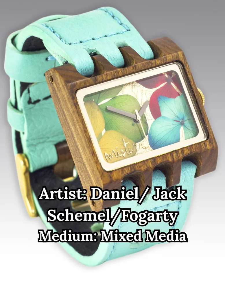 Wooden wristwatch with a pressed hydrangea-petal face and mint leather band, by Daniel & Jack Schemel/Fogarty