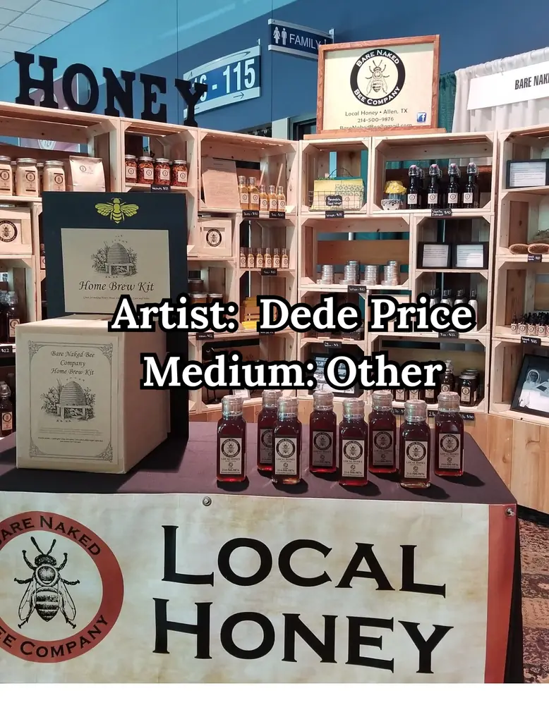 Market booth of bottled local honey and beekeeping goods, by Dede Price