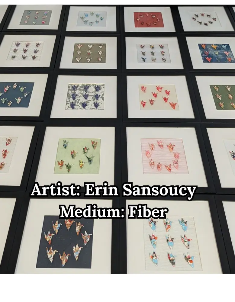 Framed miniature origami cranes arranged in grids, by Erin Sansoucy