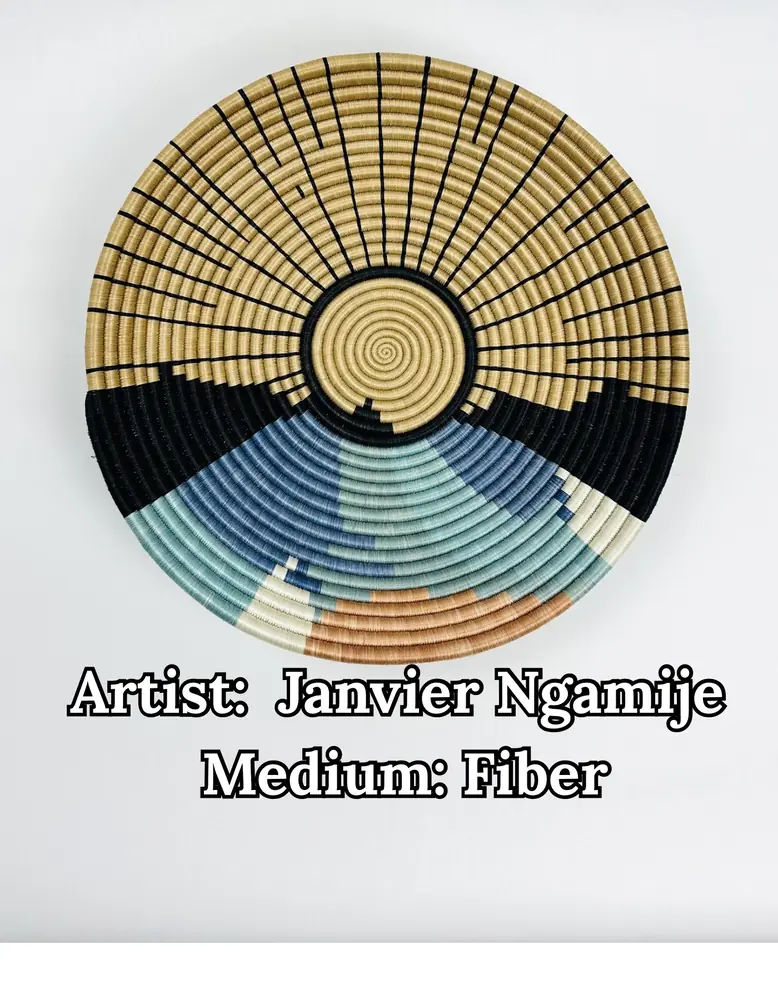 Coiled woven basket with tan, black, and blue radial pattern, by Janvier Ngamije