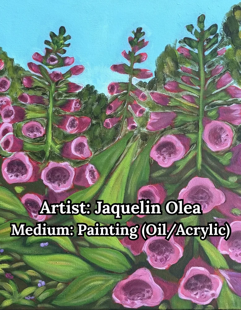 Painting of tall pink foxglove blooms against a green field and blue sky, by Jaquelin Olea