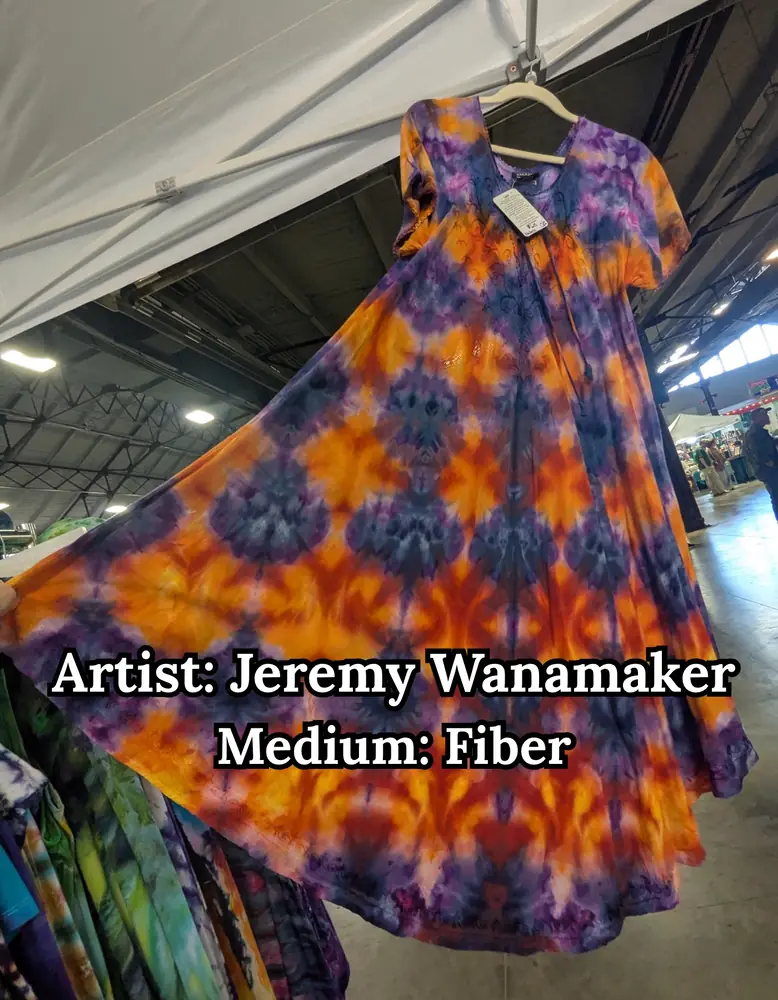 Flowing ice-dyed dress in orange, purple, and blue, by Jeremy Wanamaker