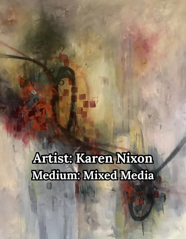 Soft abstract in warm grays with red squares and dark looping lines, by Karen Nixon