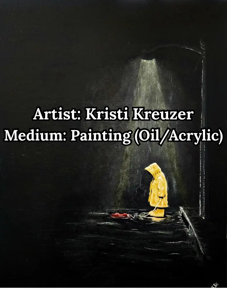 Painting of a child in a yellow raincoat under a streetlamp, by Kristi Kreuzer