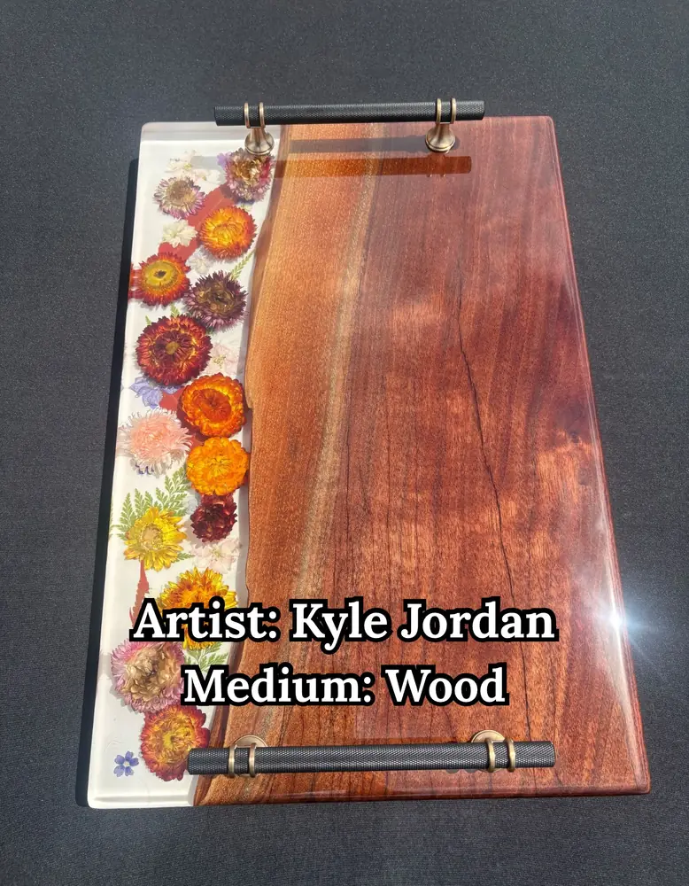 Wooden serving tray with pressed flowers set in white resin, by Kyle Jordan