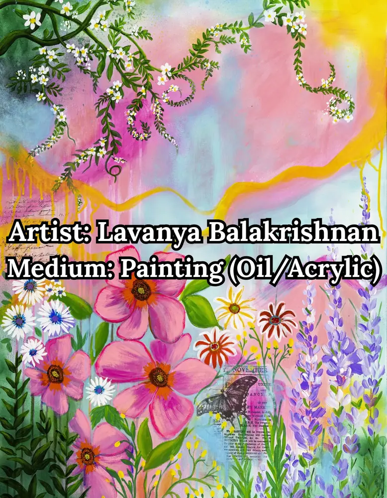 Pink wildflower garden painting with a butterfly, by Lavanya Balakrishnan