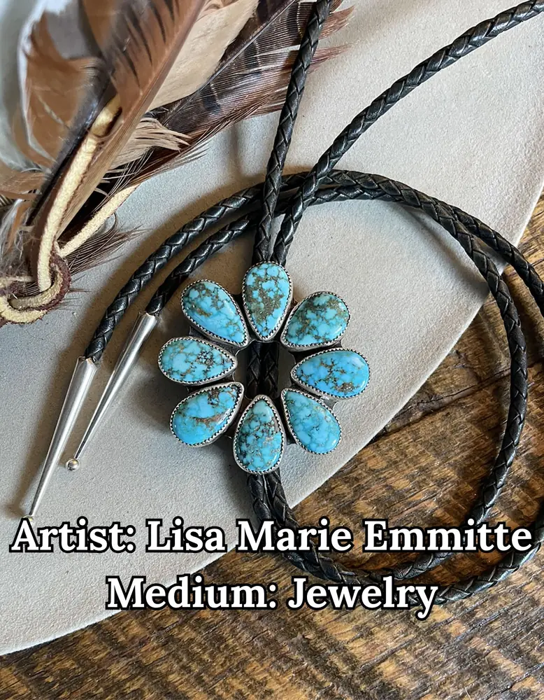 Turquoise flower bolo tie on a braided leather cord, by Lisa Marie Emmitte