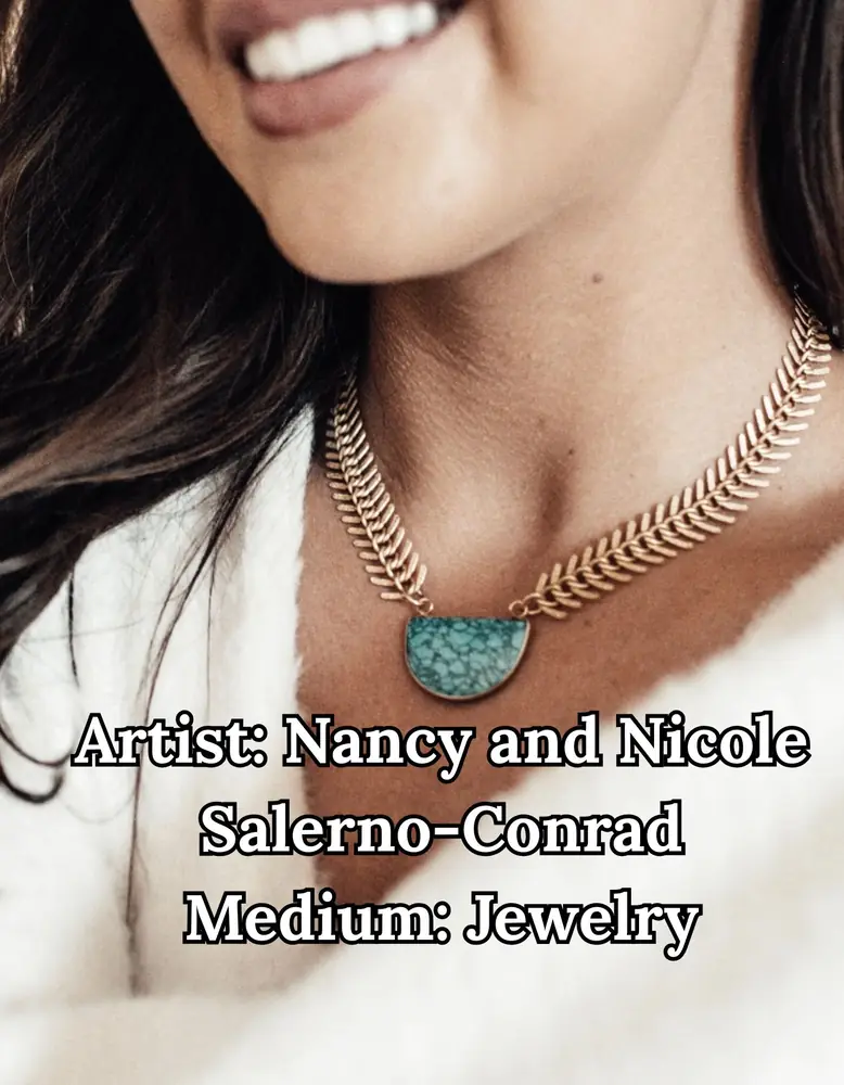 Gold fishbone chain necklace with a turquoise pendant, by Nancy & Nicole Salerno-Conrad