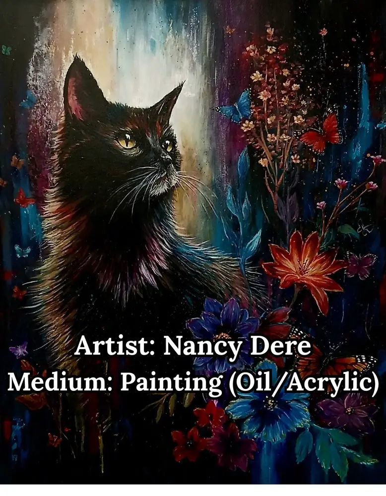 Black cat among vivid flowers and butterflies, by Nancy Dere
