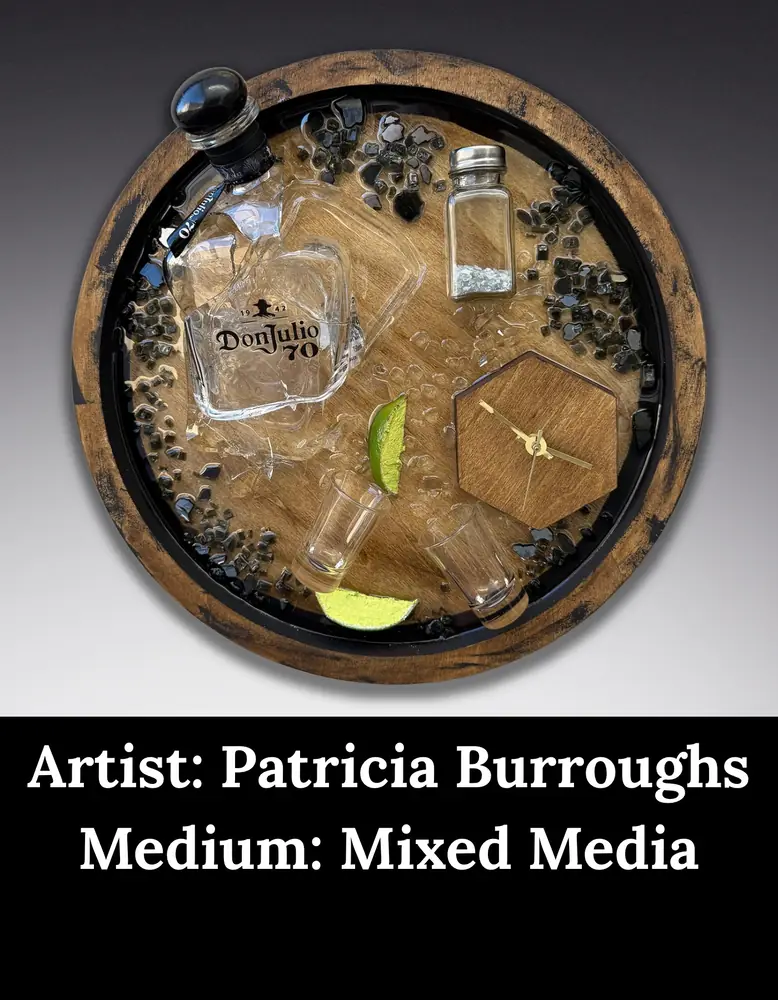 Wood-and-resin clock with tequila bottle and limes, by Patricia Burroughs