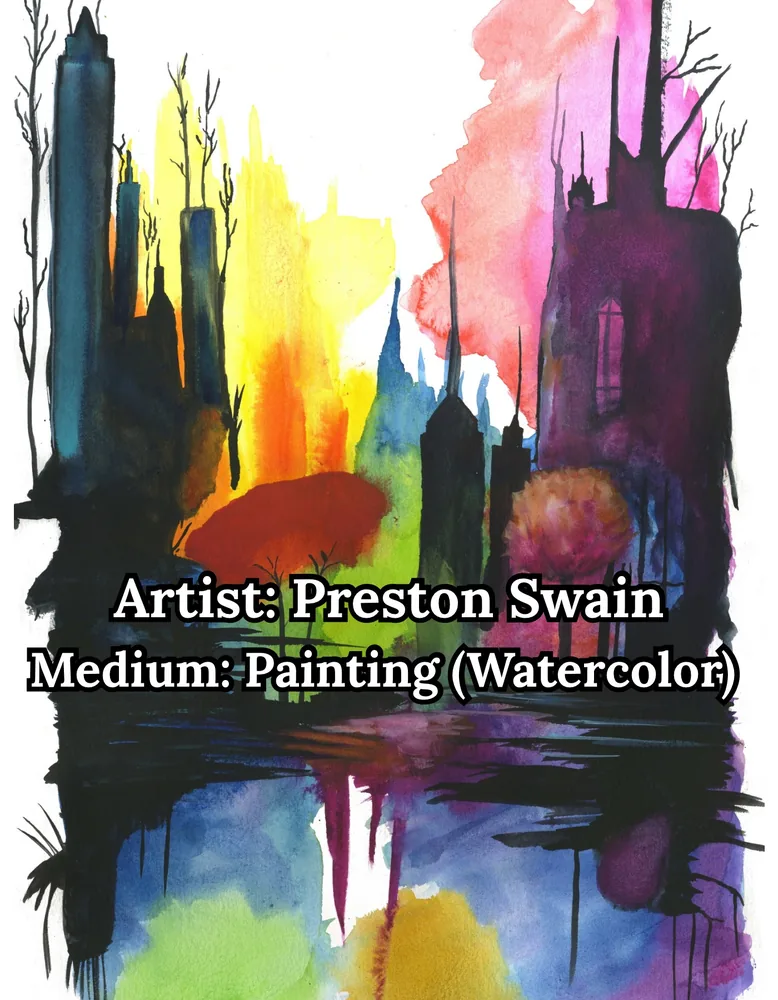 Vivid watercolor of city tower silhouettes reflected in water, by Preston Swain