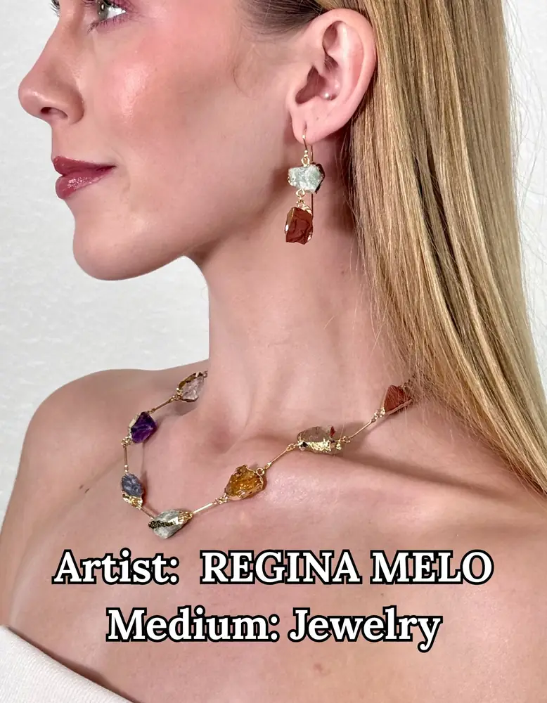 Gold necklace and earrings of raw multicolored gemstones, by Regina Melo