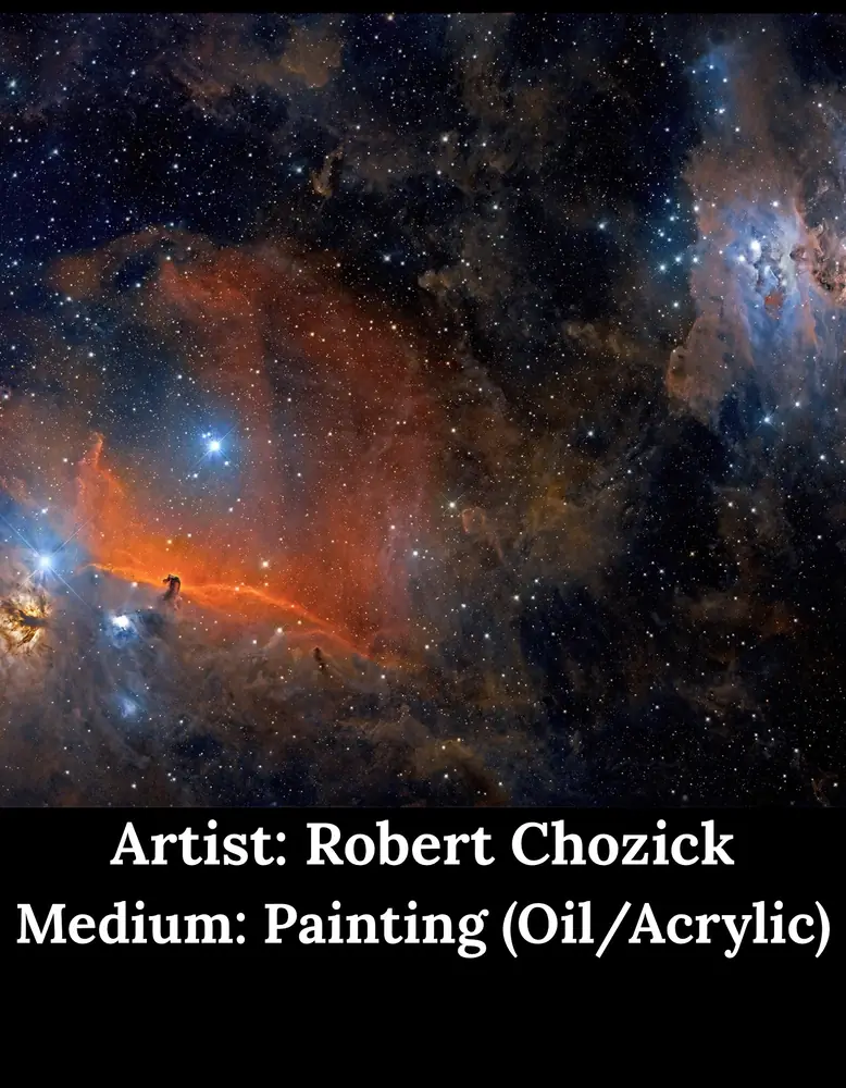 Deep-space painting of orange and blue nebulae, by Robert Chozick