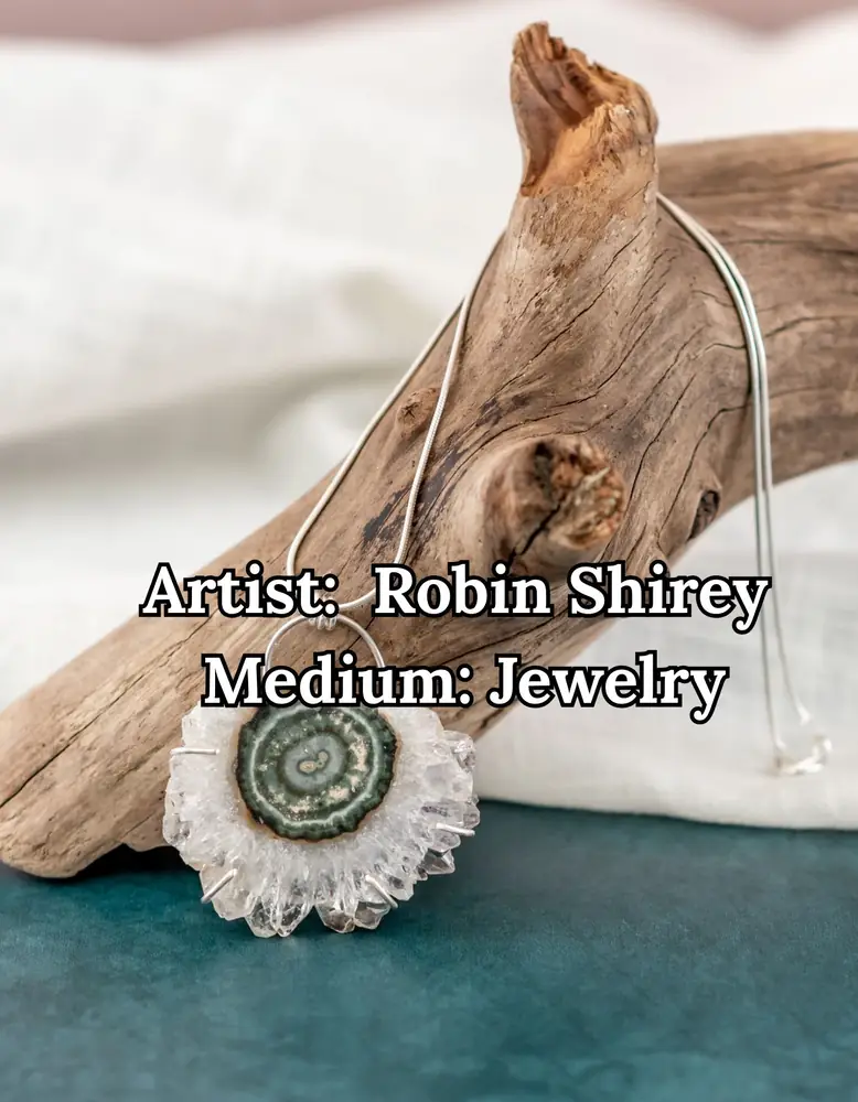 Crystal stalactite-slice pendant on a silver chain, by Robin Shirey