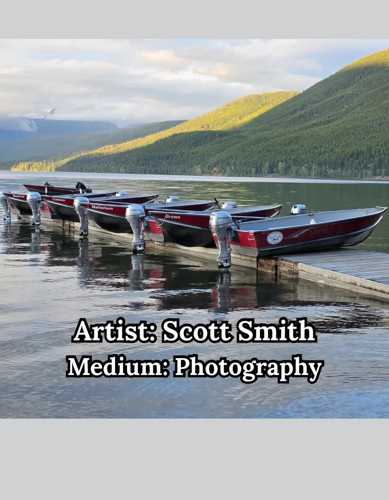 Photograph of red rental boats docked on a still mountain lake, by Scott Smith