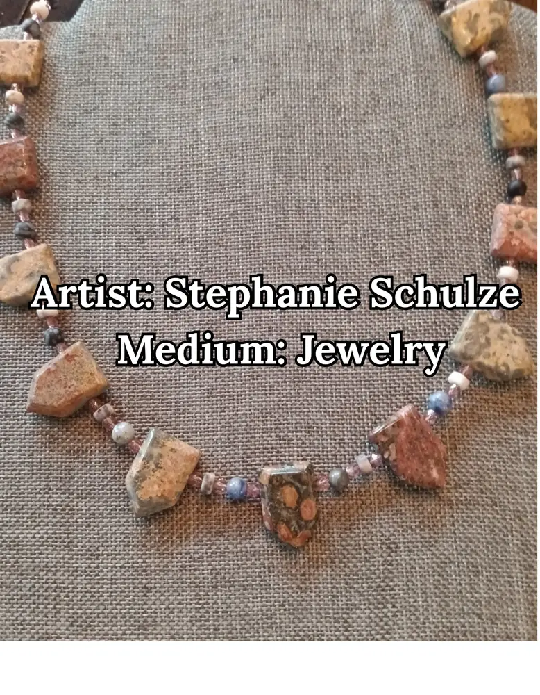Necklace of flat speckled jasper slabs with blue beads, by Stephanie Schulze