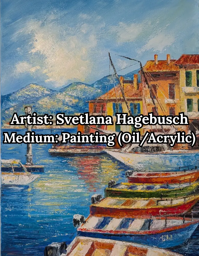 Impressionist harbor painting with colorful boats, by Svetlana Hagebusch