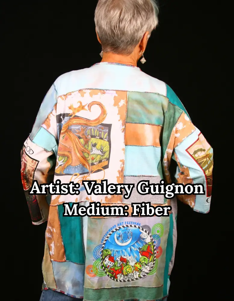 Patchwork jacket sewn from festival t-shirts, by Valery Guignon
